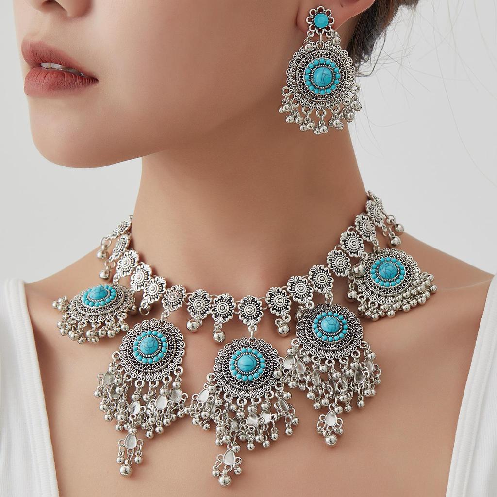 Exaggerated Indian-Style Rhinestone Tassel Necklace & Retro Ethnic Earrings Set