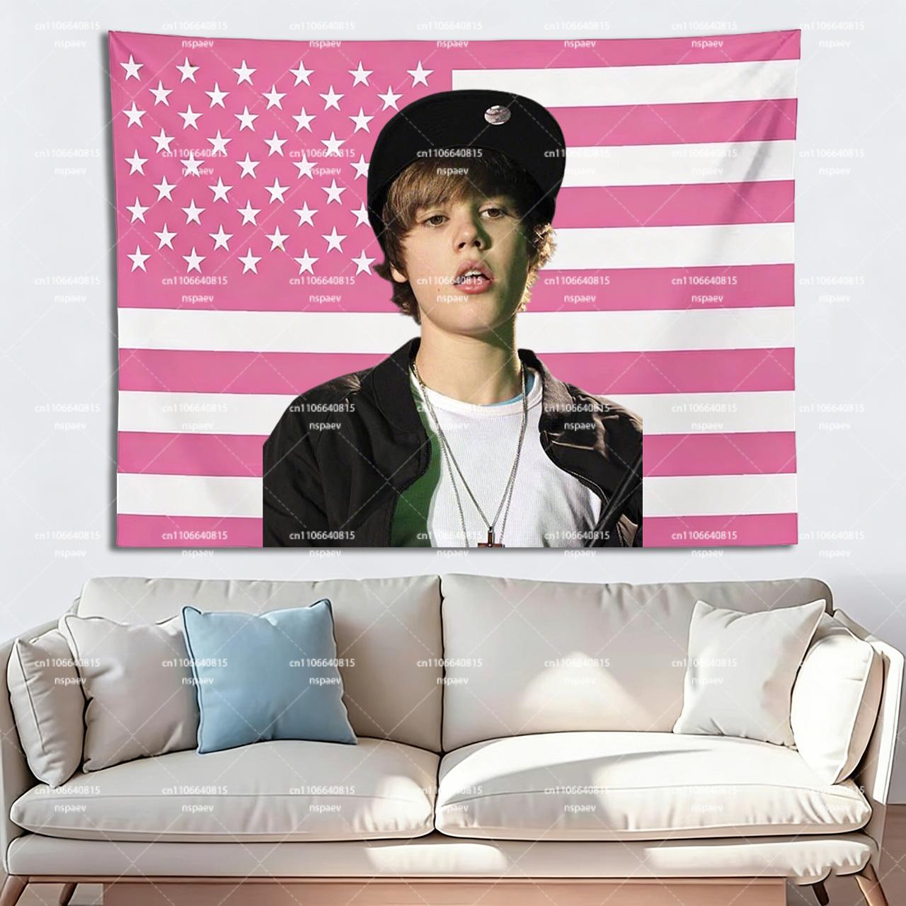 Jmg Household Supplies Unisex Pink J-Justin B-Bieber Us Flag Tapestry, Y2k Pop Star Wall Hanging For Fan Room Bedroom Dorm Decor