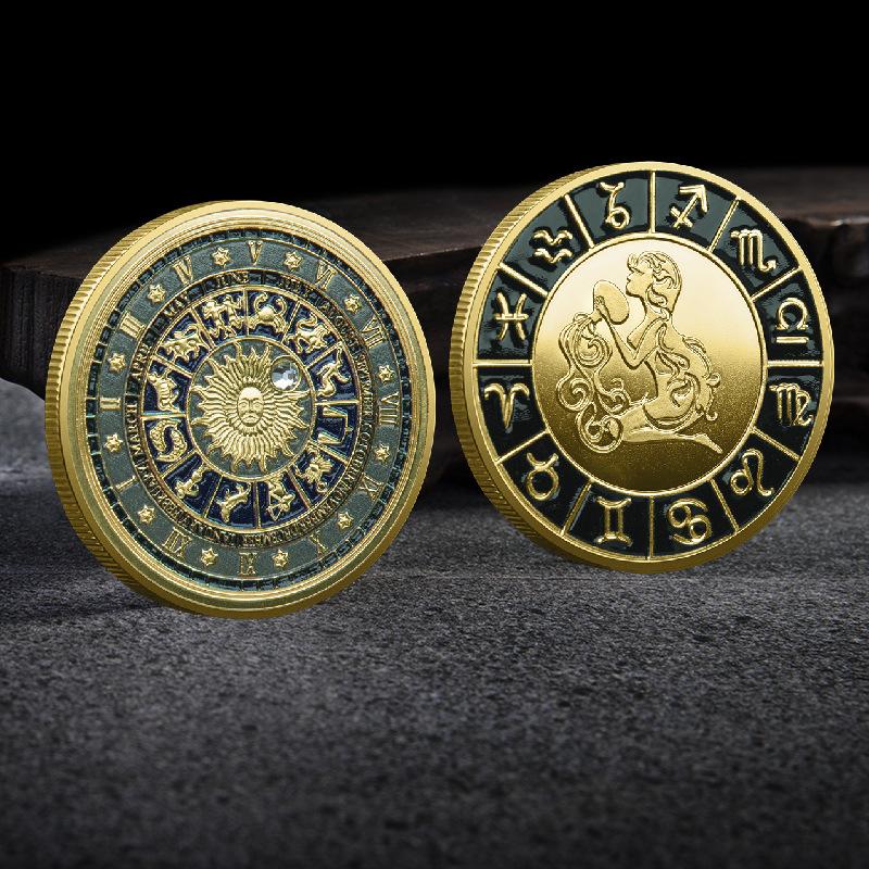 Evropské a americké pamětní mince, zlaté mince dvanácti znamení zvěrokruhu, diamanty, mince, tarot, přání, bůh slunce, vánoční dárek, drobnosti do punčoch
