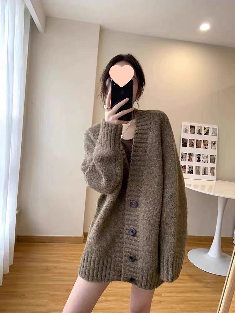 Versatile Retro Knit Cardigan - Mid-Length Solid Color for Spring and Autumn