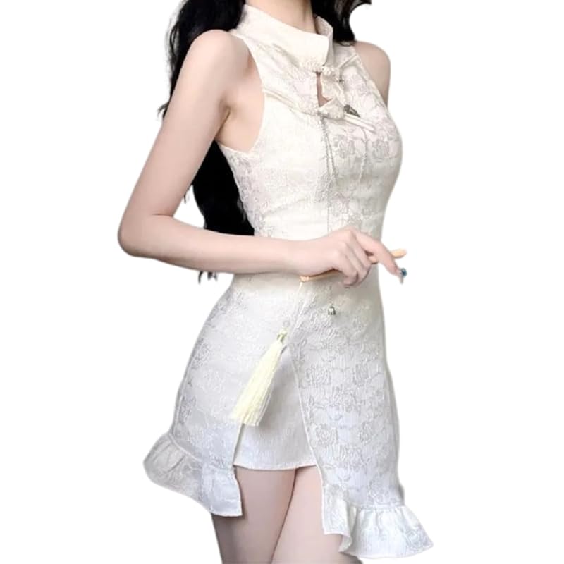 

[Uccellino] Cheongsam Clothing Cheongsam Ruffle Cosplay Masquerade Lolita Sexy Mini Costume Masquerade One Piece (white, XL)