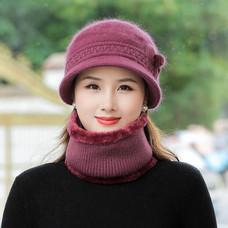 Middle-aged elderly scarf hat winter knitted wool hat female mother cold-proof rabbit fur hat grandmother old lady knitted