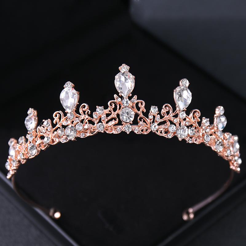 Rose Gold Crystal Bridal Tiaras and Crowns for Women Bride Rhinestone Prom Diadem Headband Bridal Wedding Hair Accessories Crown