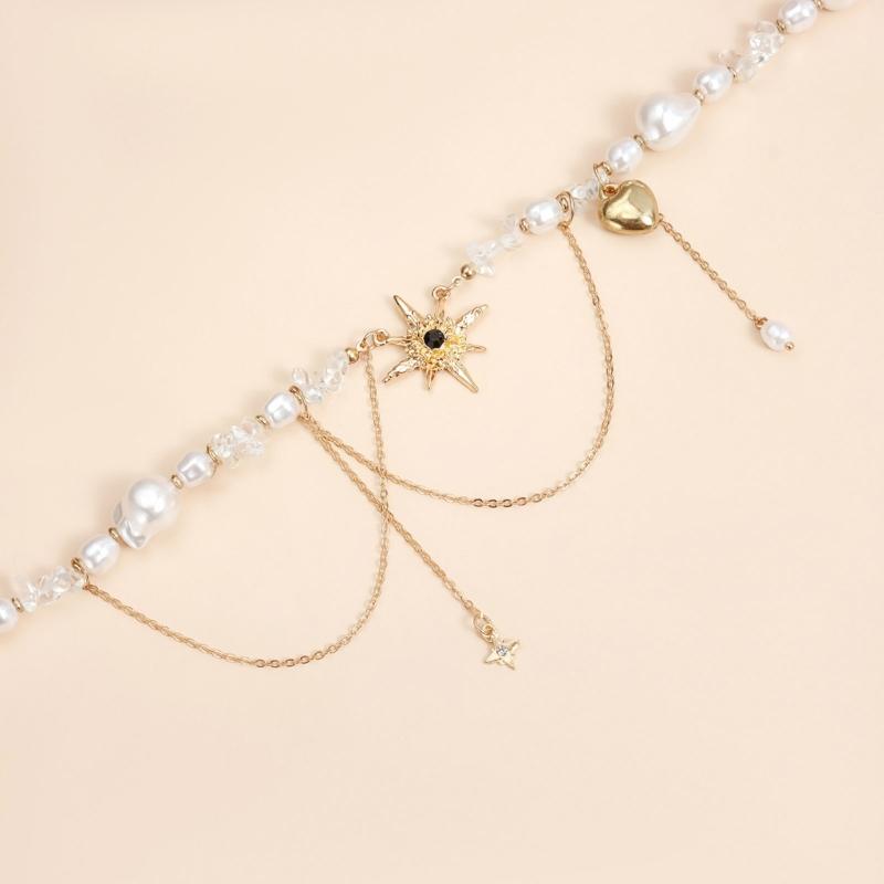 Modern Eight Point Star Necklace Short Length Neckchain For Women Edgy Street Style Jewelry With Faux Pearls Accent