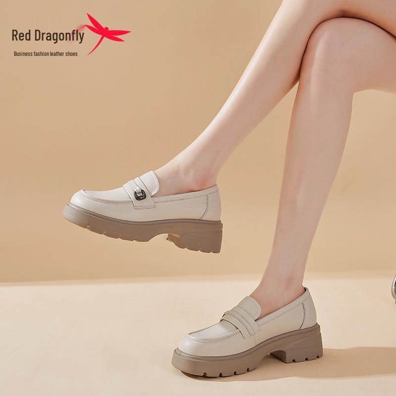 Red Dragonfly Women's Genuine Leather Chunky Heel Loafers - Retro British Style, Black Shallow Mouth.