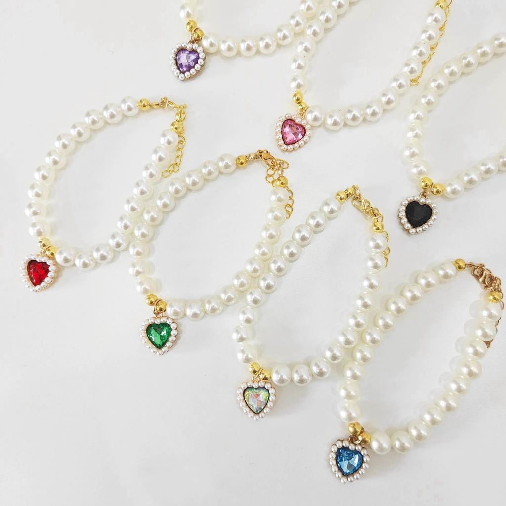Cute Heart Gemstone Pearl Pet Collar, Adjustable Cat Dog Necklace, Elegant Decorative Pet Jewelry for Small Pets