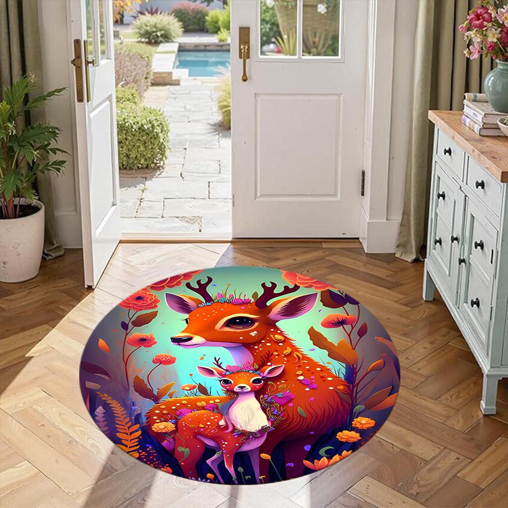 Elk Round Floor Mat Design for Dining Room Entryway Bedrooms Game Room Anti-slip Round Rug Decorate Offices Perfect Gift for Friends Family