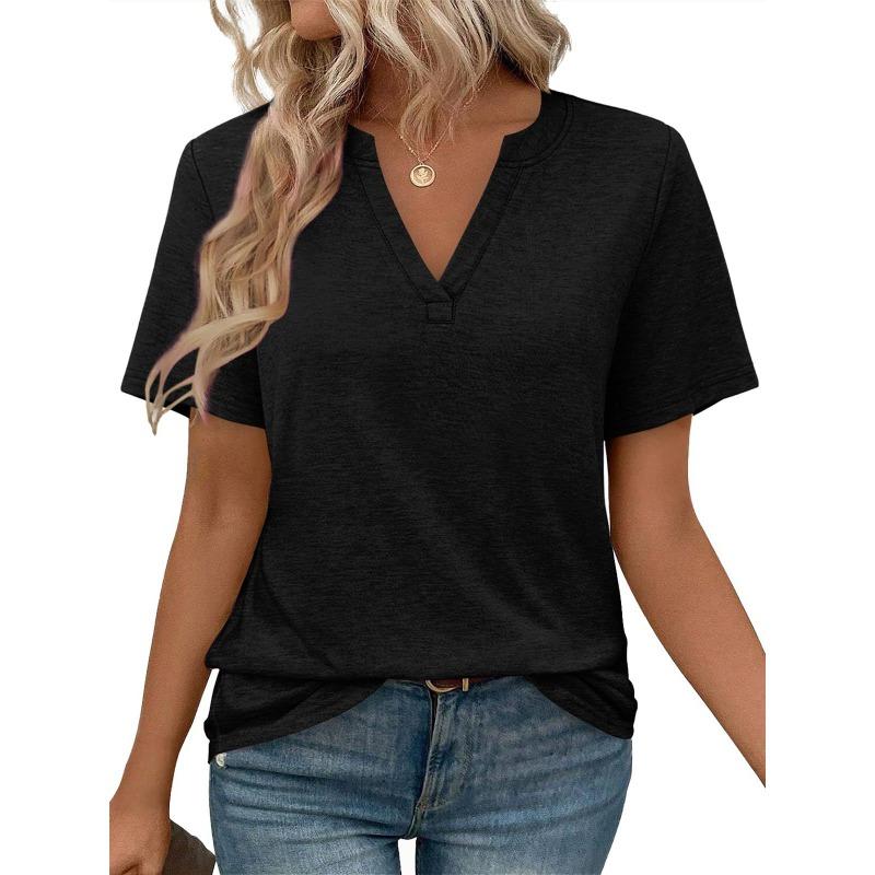 Women Casual Solid Color V Neck Loose Short Sleeve T Shirt Top