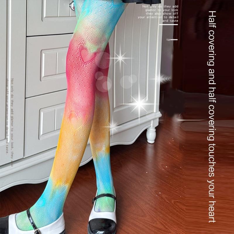 Sexy Regenbogen-Farbverlauf Bunt Fischernetz Strumpfhose für Damen Süßigkeiten-Farbe Hohl Spitze Jacquard Strumpfhose JK Strümpfe Leggings