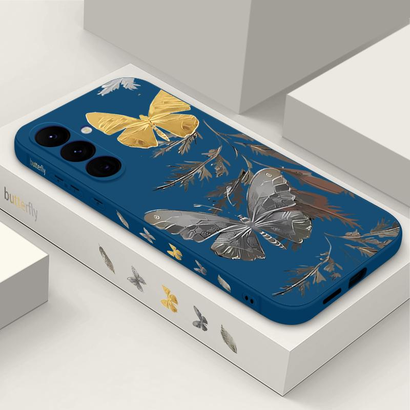 Plating Lens Golden Butterfly Pattern Case For Samsung Galaxy A56 A17 A26 A16 A36 A55 A54 A53 A15 S24 S25 FE S25 S22 S23 Ultra Plus Lanyard Soft Cover