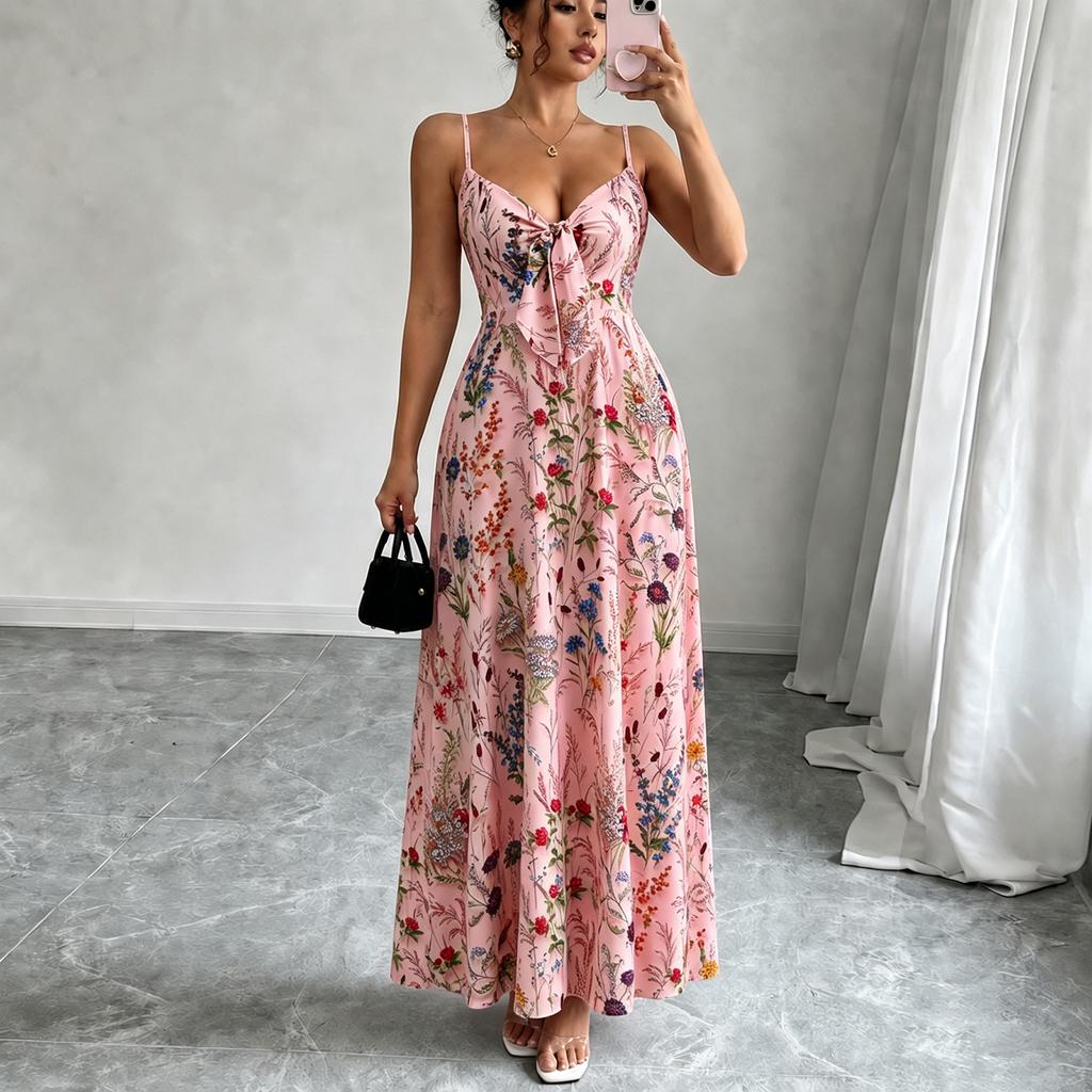Women's Colorful Floral Print V-Neck Spaghetti Strap Dress