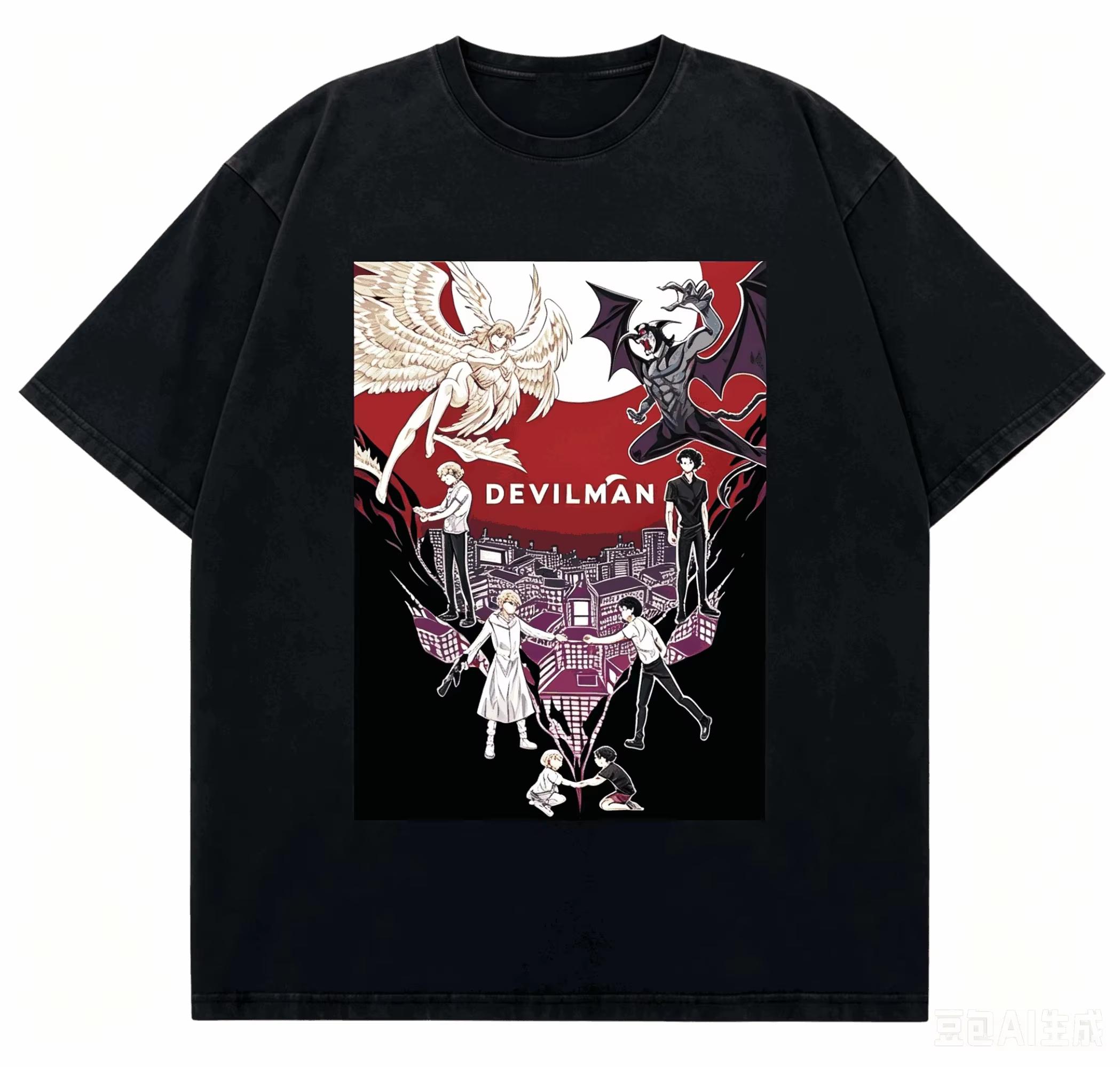 2026 Devilman Crybaby Akira & Ryo Vintage Washed Printed Loose Pure Cotton Short Sleeve T-shirt, Unisex Fan T-shirt L
