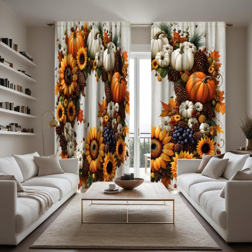 2pcs HD Vintage Vintage Harvest Festival pumpkin fruit decorative curtain Yellow tie digital printed curtain Home decoration