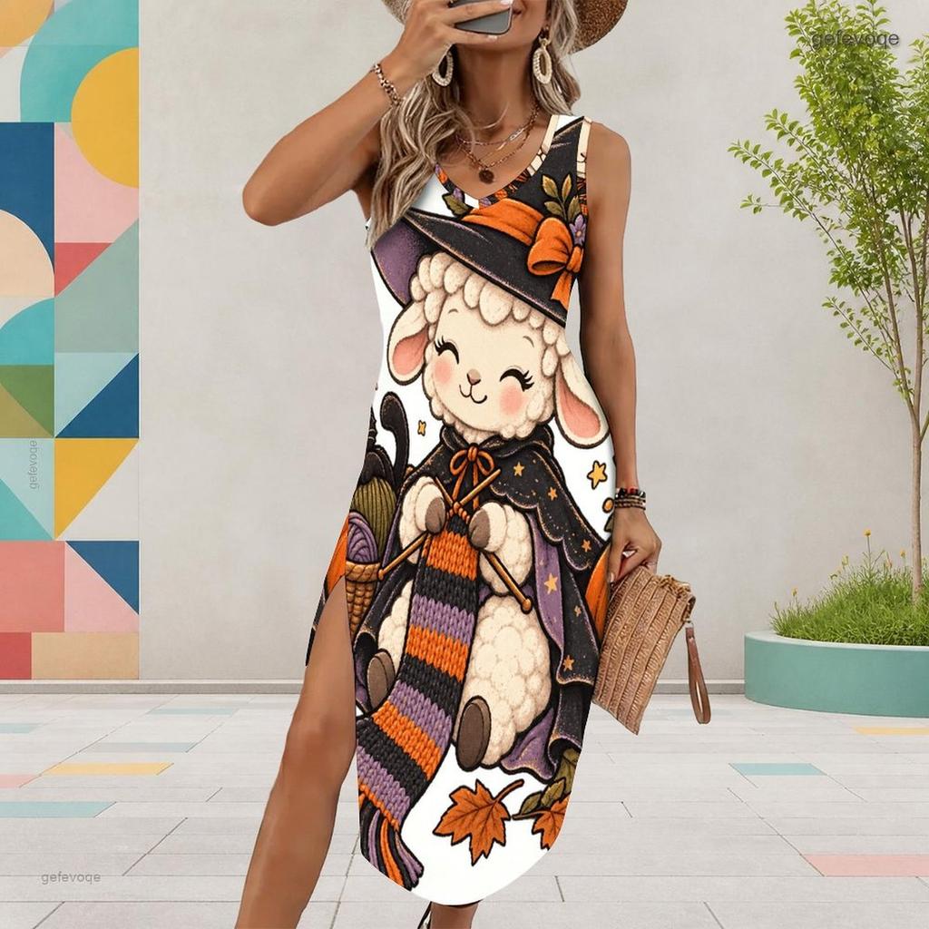 Women Plus Size U Neck Sleeveless Printed Long Tank Dress High Side Slit Curved Hem