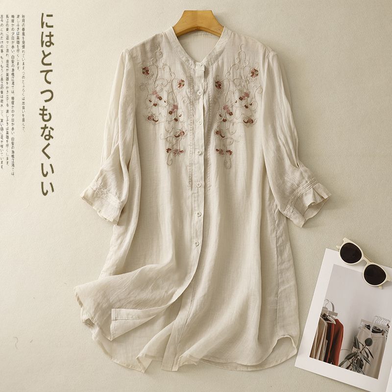 

Literary Floral Embroidery Women O Neck Cotton Linen Long Shirts Loose Summer Blouses Sum Protection Female Casual Tops 3XL абрикосовий