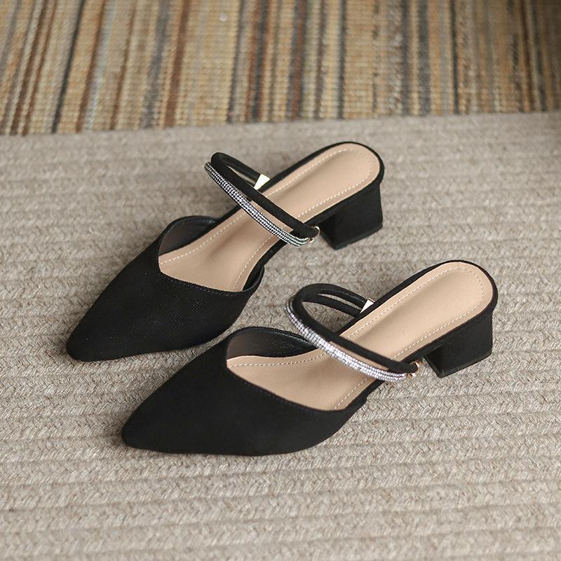 

Fashion pointed toe suede leather sandals women two wears med-high heels summer shoes woman crystal band cover toe gladiator sandalias 34 чёрный