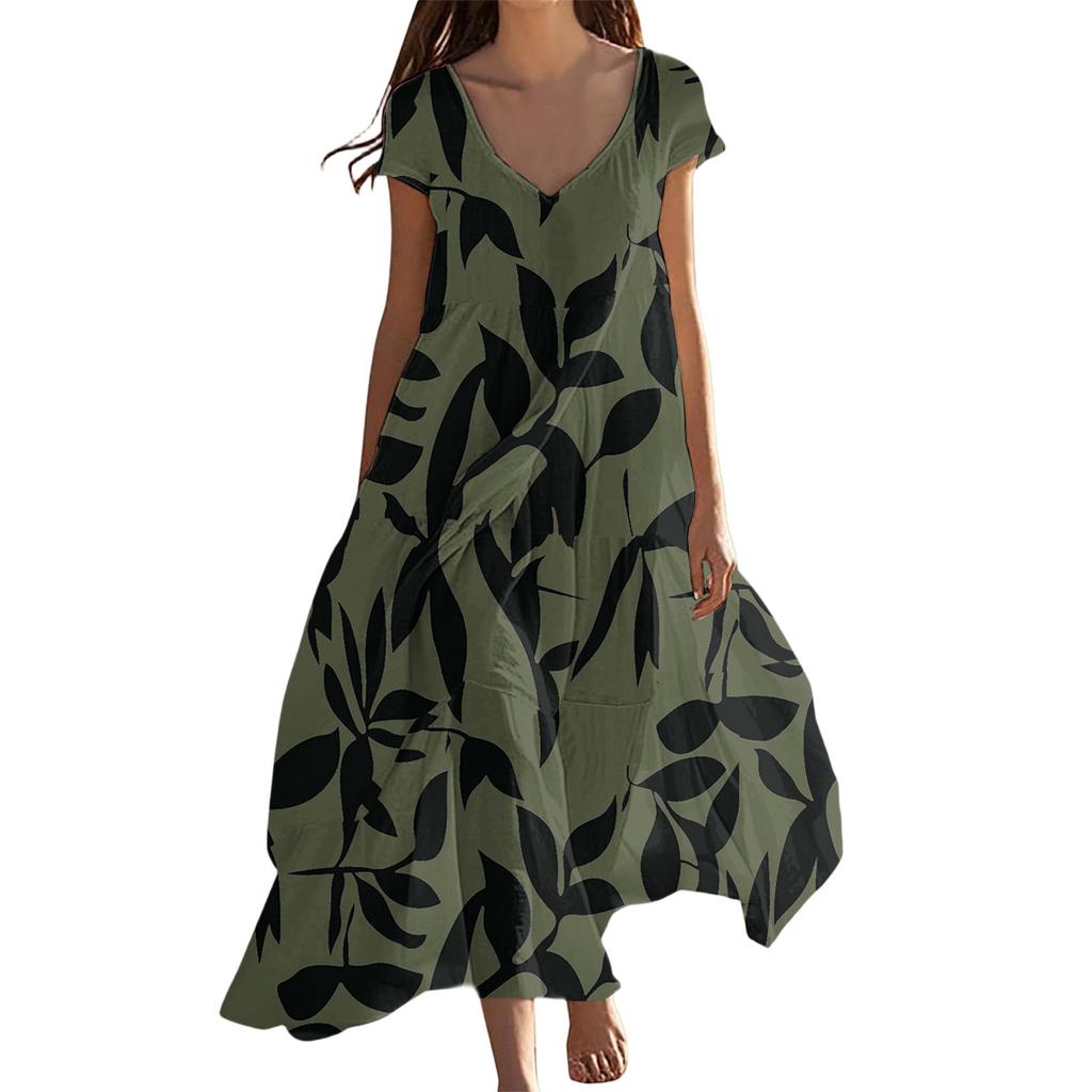 Women's Summer Fashion V-Neck Beach Long Short Sleeve Floral Printed Dresses