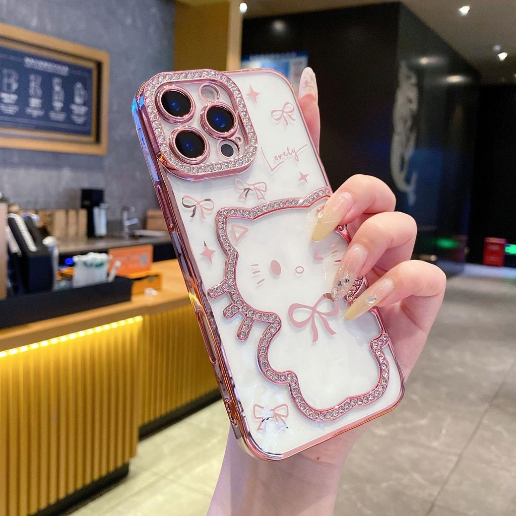 Electroplating Three-dimensional Point Drill Cute Cat iPhone16Promax Mobile Phone Case for Apple 15 Bow 14/13