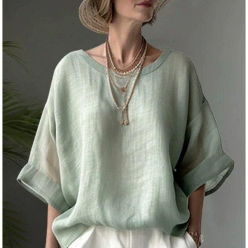 round-Neck Short-Sleeve Top Solid Comfortable Round Neck Drop Shoulder Sleeve Loose Plus Size Top Women