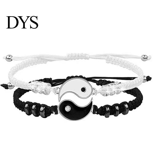 Vintage Bracelets 2Pcs Couple 2 Matching Yin Yang Hand Knitted Unisex Men Women Shiny Rhinestones Adjustable for Valentines Day Tai Chi