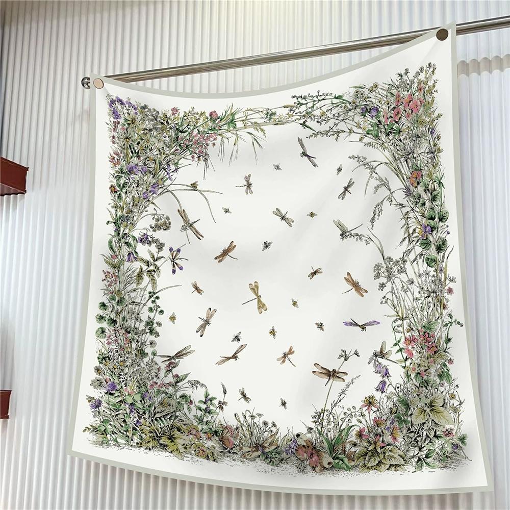 

90CM Vintage Square Twill Scarf Shawl Hijabs Luxury Plant Printed Bandana Foulard Neckerchief For Women 90x90cm