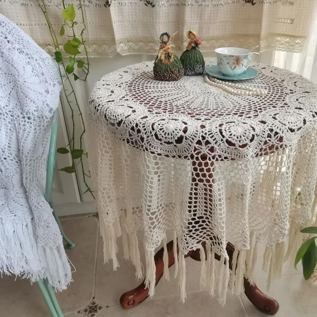 Pure Cotton Handmade Crochet Tablecloth Beige Lace Hollowed Out Tabletop Cover Changliu  Home Decoration Dustproof Cloth