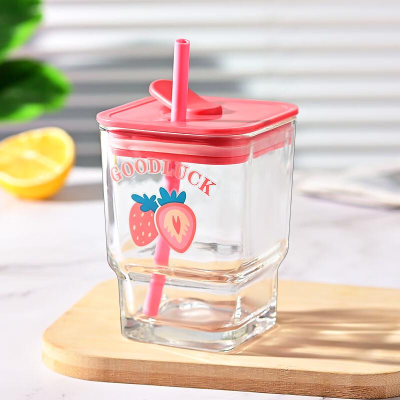 Haosenhuo Square Heat-Resistant Glass Cup with Straw & Lid
