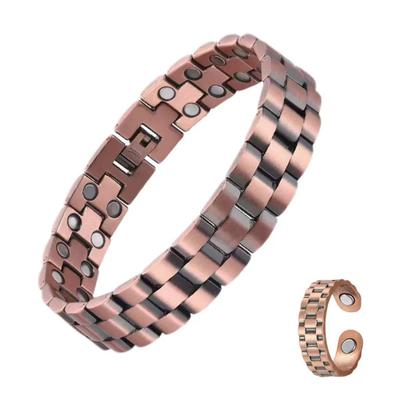 Strong Magnetic Bracelet and Ring for Men, 2-Piece Pure Copper Set, Adjustable Polished Finish for Wellness & Travel