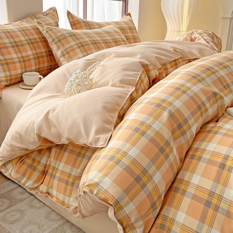 Soft Color Block Checkered Bedding Set Comfy 100% Washed Cotton Blue Plaid Duvet Cover Set King Queen Size Comforter Cover Sheet