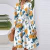 Women's Fashion Casual V-Neck Long Sleeve Waist Floral Print Midi Dress