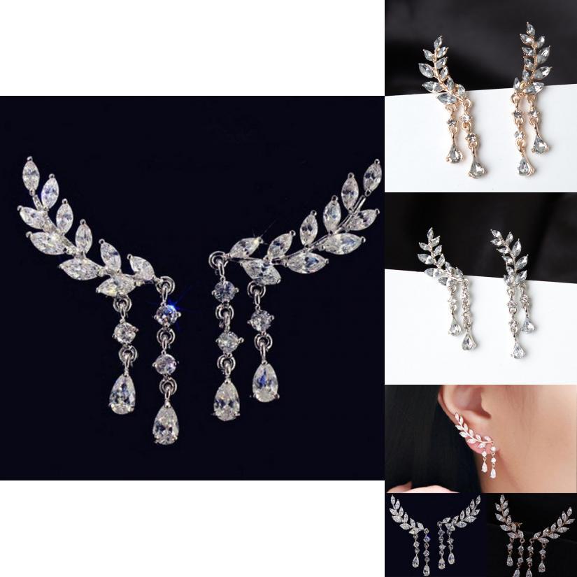 Eleganta Dammörhängen med Kristall Zirkon Blad och Tofsar För En Tidlös Look