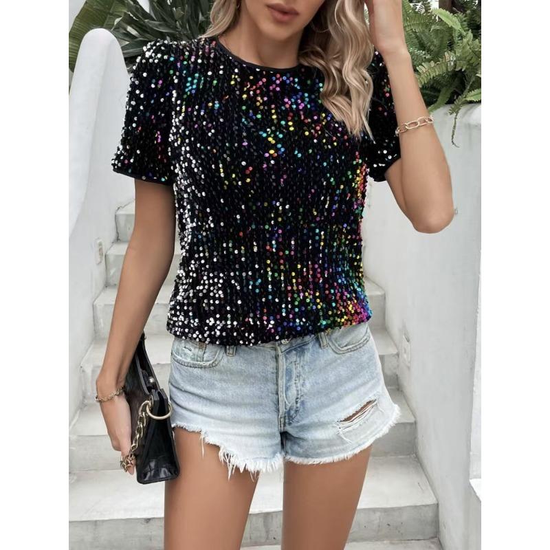 Sequined Crew Neck Summer Women Blouse Commuter Loose Short Sleeved Top Women's Casual Elegant T-shirt Fashion Simple Streetwear Sweet Simple Shirts