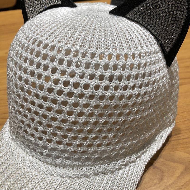 Niedliche Baseballkappe mit Katzenohren für Damen - Verstellbarer Schnappverschluss, atmungsaktive Mesh-Truckerkappe, leichter Sommer-Sonnenhut mit entzückenden Katzenohren