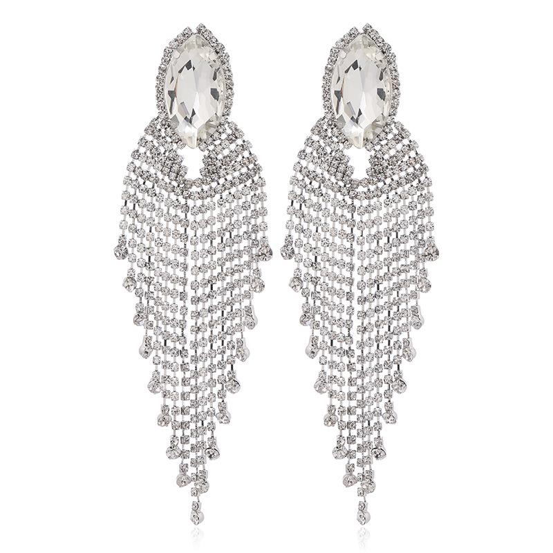 2023 Exaggerated Rhinestone Chain Tassel Earrings - Willow Leaf Design