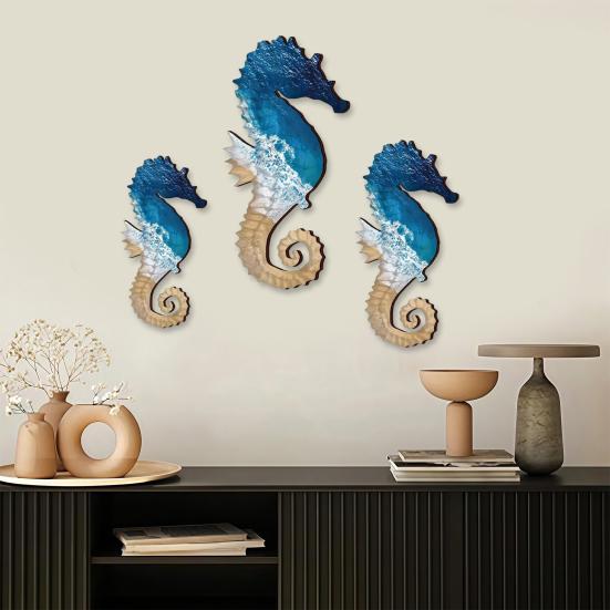 3 Pcs Wood Seahorse Nautical Wall Decor Vintage Sea Life Wall Art Ocean Coastal Lake House Hanging Decoration for Living Room Bedroom