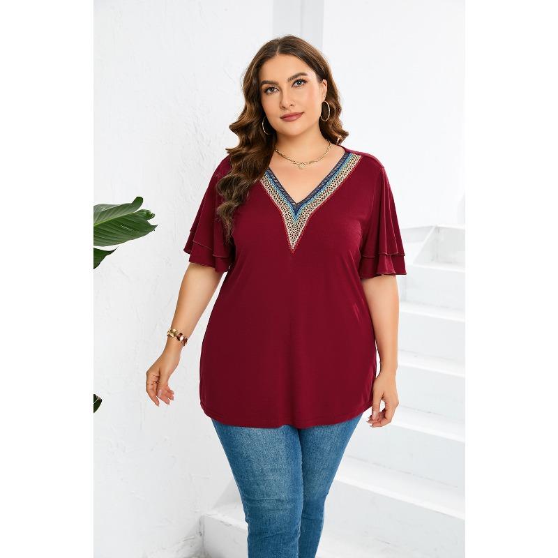 Dámské letní tričko plus size krajkové s výstřihem do V jednobarevné tričko s krátkým rukávem top