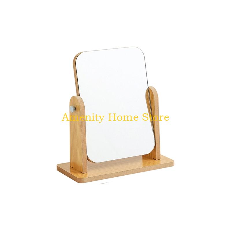 F26C Elegant Desk Makeup Mirror Cosmetic Mirror with Wooden Stand Vanity Mirror Rotatable Makeup Mirror Dormitory Room Decors