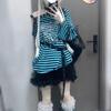 2KWEIRD Harajuku Punk Striped Print T Shirts Y2k Gothic Girls Off Shoulder Blue Red Loose Butterfly Letter 2000s Subculture Grunge Tees