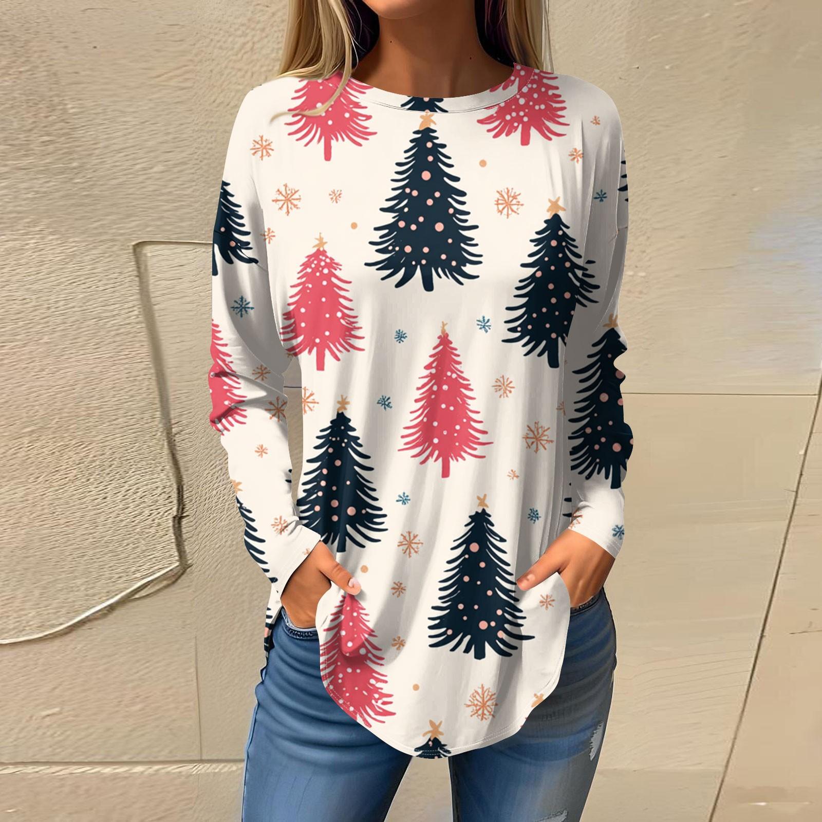 

Женская модная свободная футболка с круглым вырезом и рождественским принтом, длинный рукав L розовый