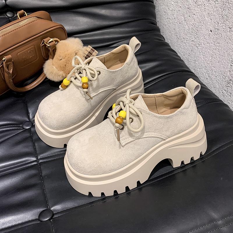 Big head beaded thick sole women's new retro versatile small height increase small leather shoes