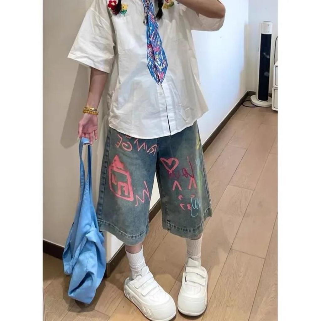 Women's High Rise Loose Fit Straight Leg Cropped Jeans Casual Vintage Denim Pants With Print