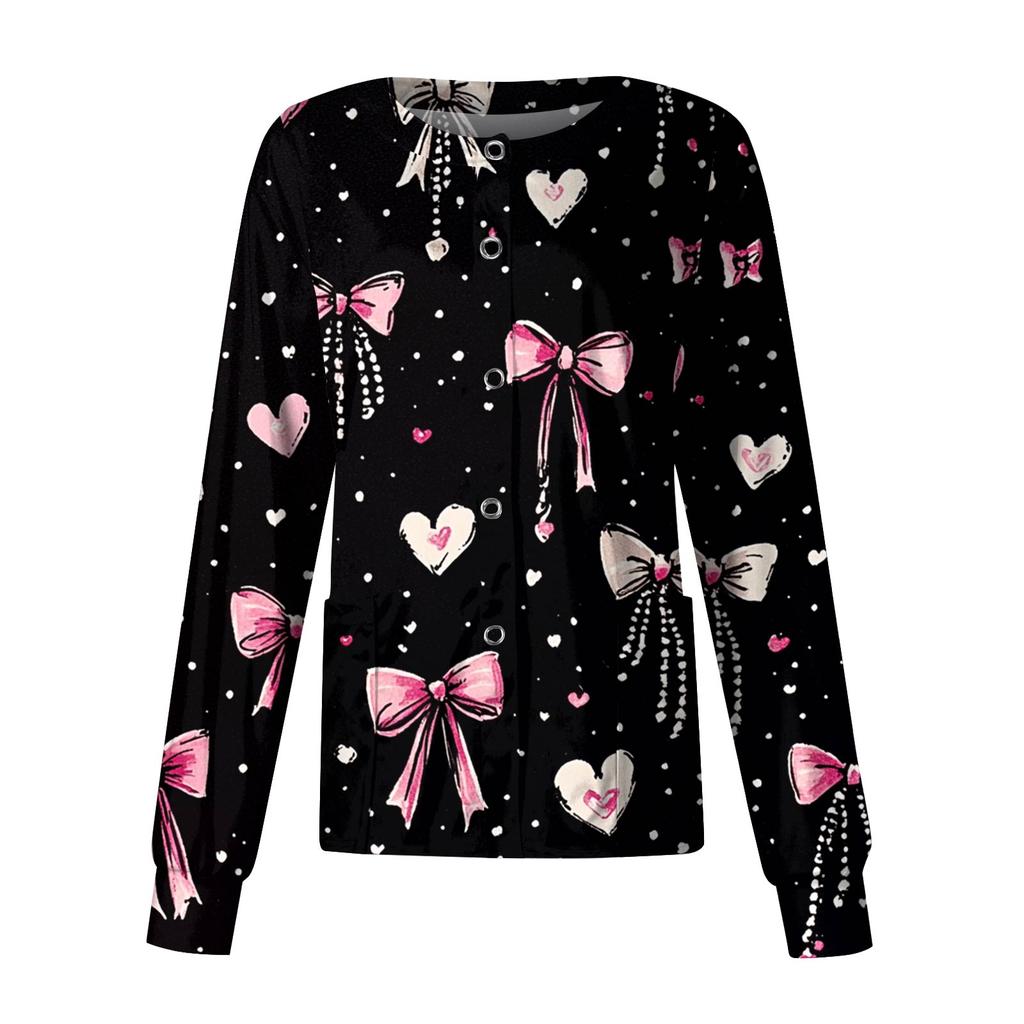 Women's Casual Fashion Long Sleeve Standing Collar Single Breasted Valentine's Day Print Workwear Jacket Tops