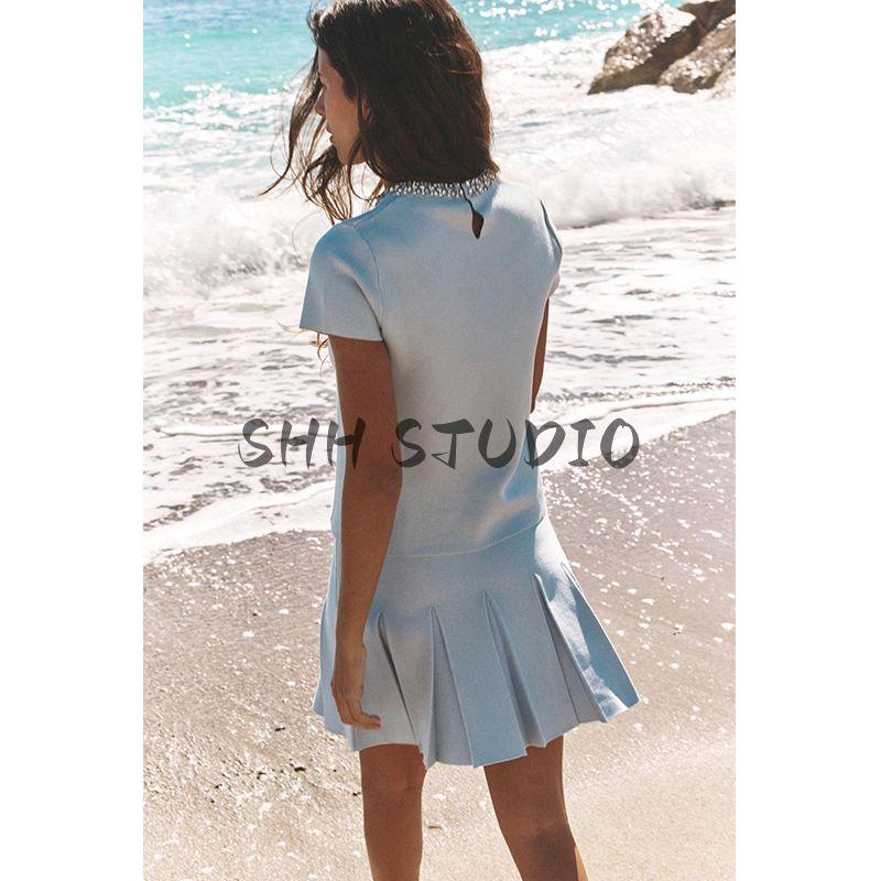 Jewelry round Neck Short Sleeve Knitting Tops 5755039 Wide Pleated High Waist A- line Knitting Short Skirt 5755040