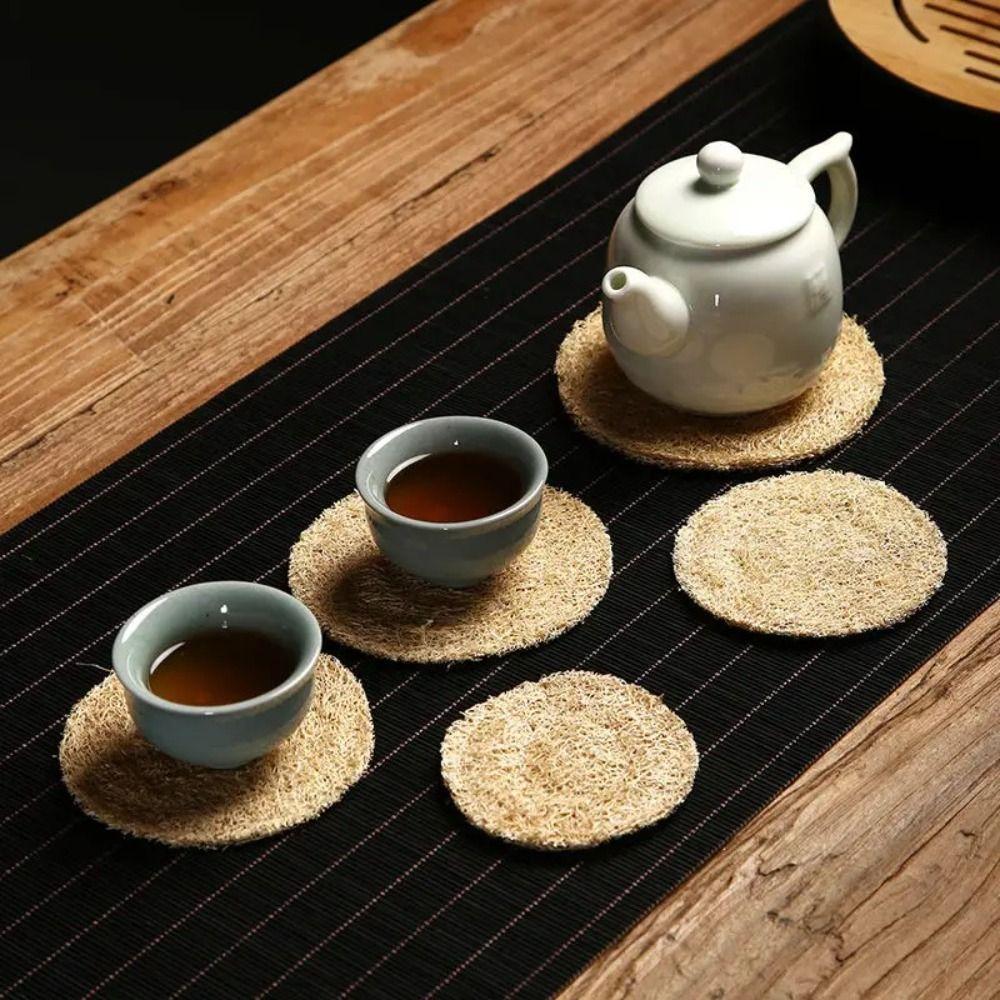 Teaware Round Tea Cup Mat Natural Loofah Fibre Teapot Pad Chinese Absorb Water Loofah Mat Teapot