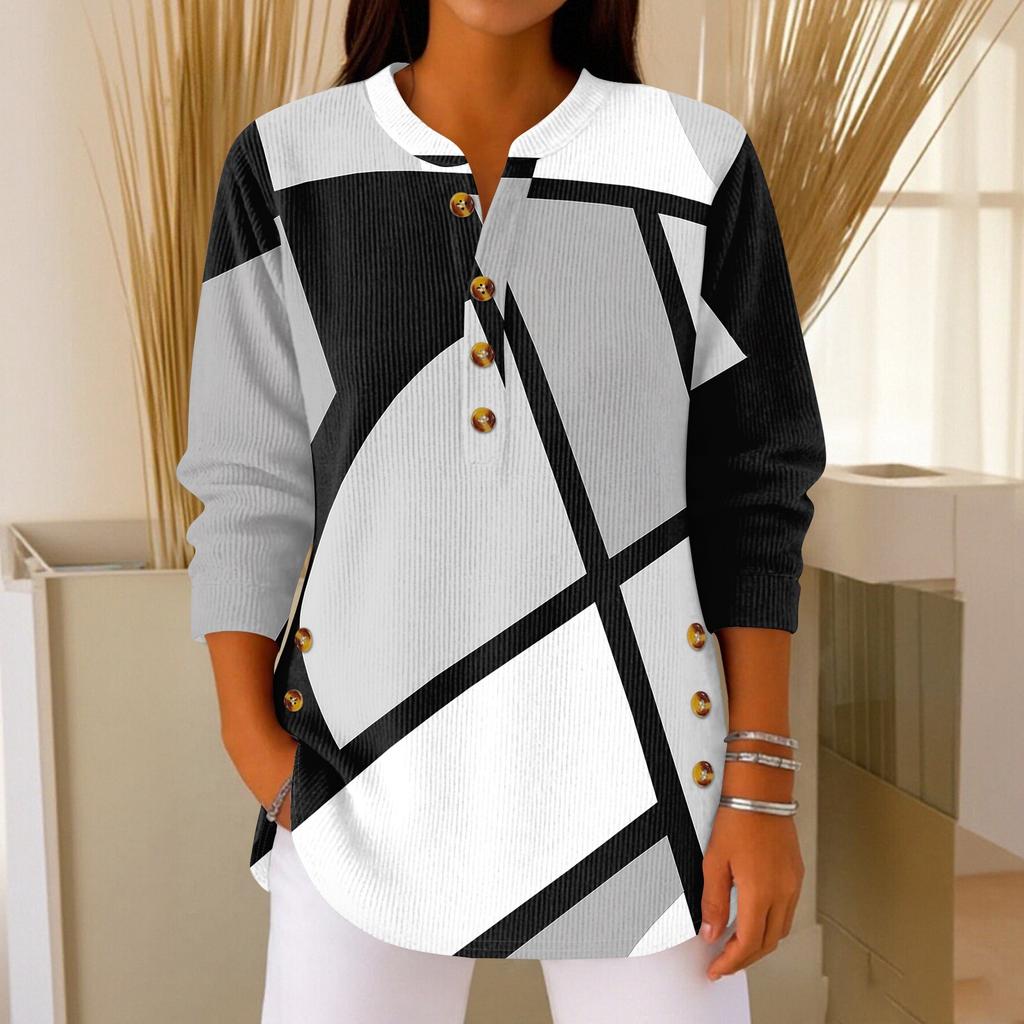 Women's Fashionable Button Collar Long-sleeved Christmas Print Pullover Top