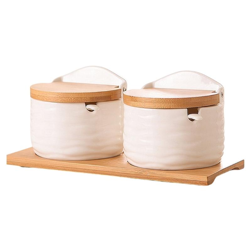 

Ceramic Salt Holder with Removable Wooden Lid and Spoon Elegant Spices Jar Contemporary Seasoning Box for Home Use