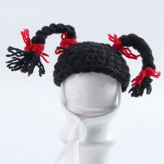 Knitted Hamster Hat Pets Big Hair Double Braid Hat with Adjustable Strap Hairstyle Mini Hat for Guinea Pig Small Animals Photography Party Costume