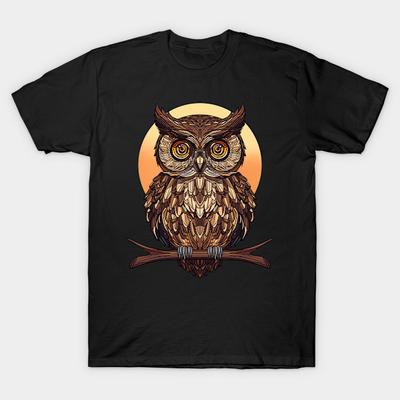 Men Black Print T-shirt Great Horned Owl Illustration With Full Moon No-Cut Heat Transfer Print Cotton Tshirt