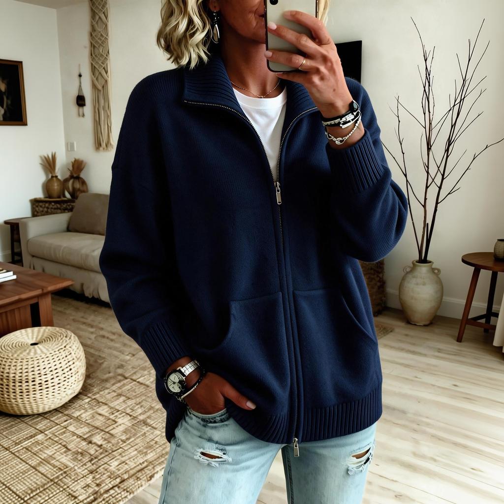 Women's Knit Cardigan with Lapel Collar and Front Zipper, Casual Outerwear for Everyday Wear