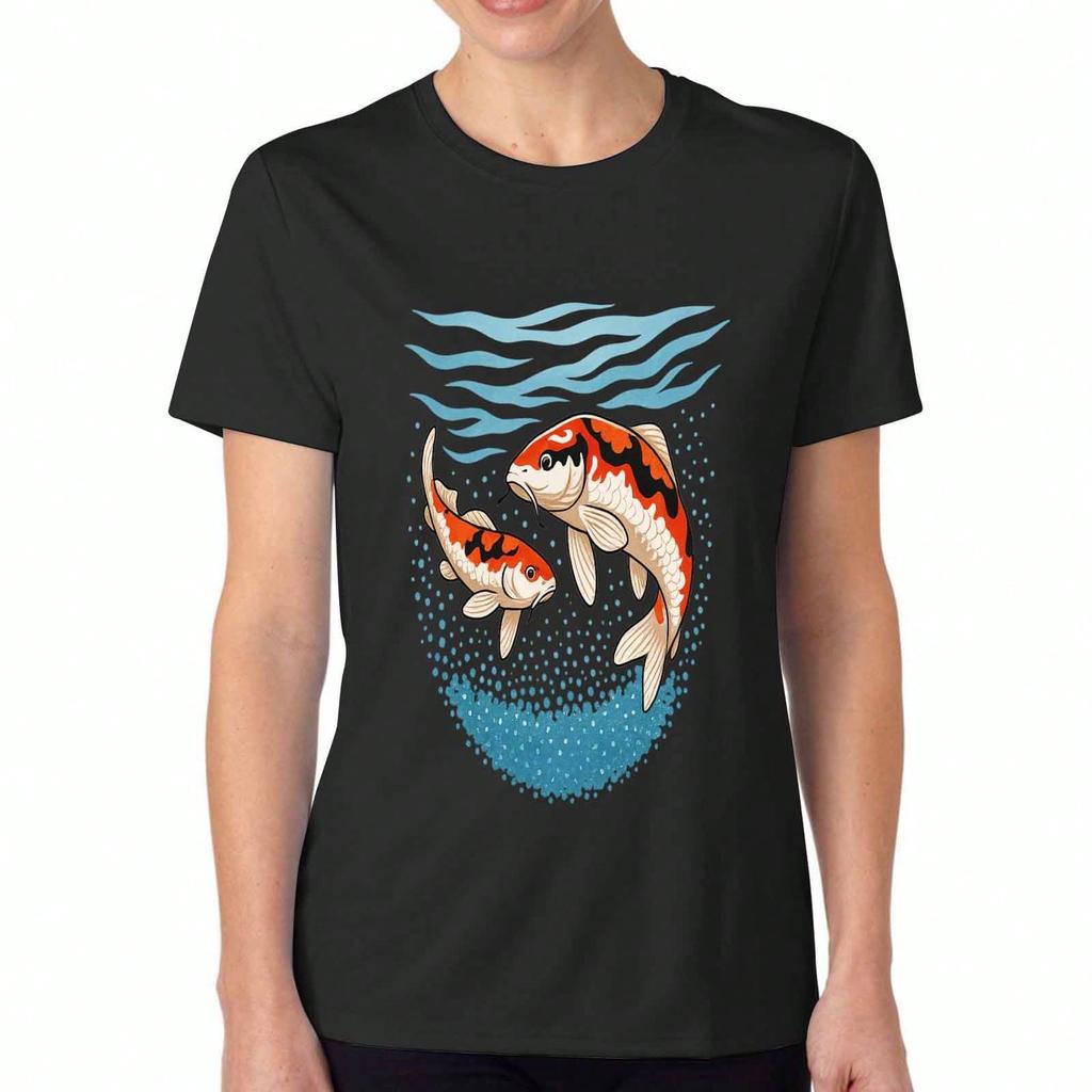 T-shirt da Donna Fan Club Pesci Koi, Cotone Premium Stampa di Alta Qualità, Resistente e Duratura, Moda Casual, Design Colorato con Pesci, Laghetto Koi